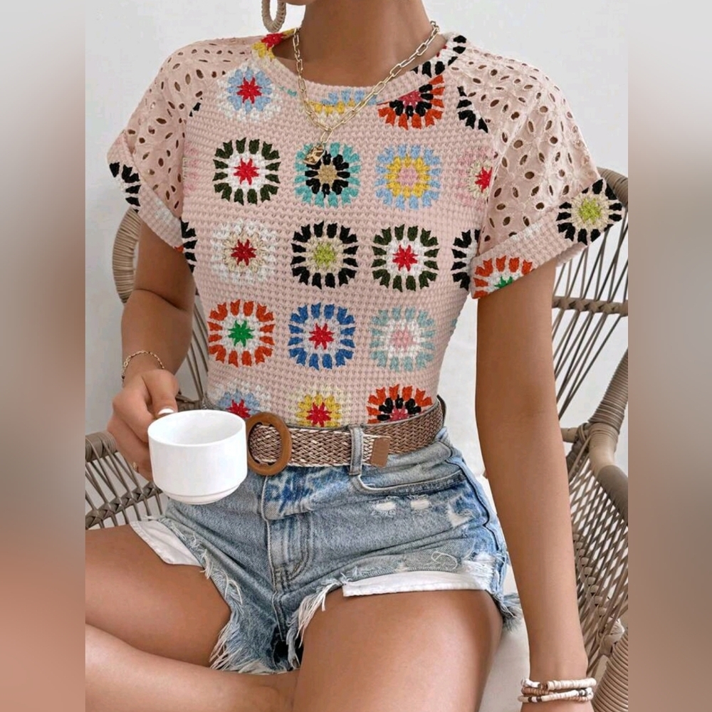 Generation Love Multicolor Crochet Short Sleeve Top - Picture 2 of 2